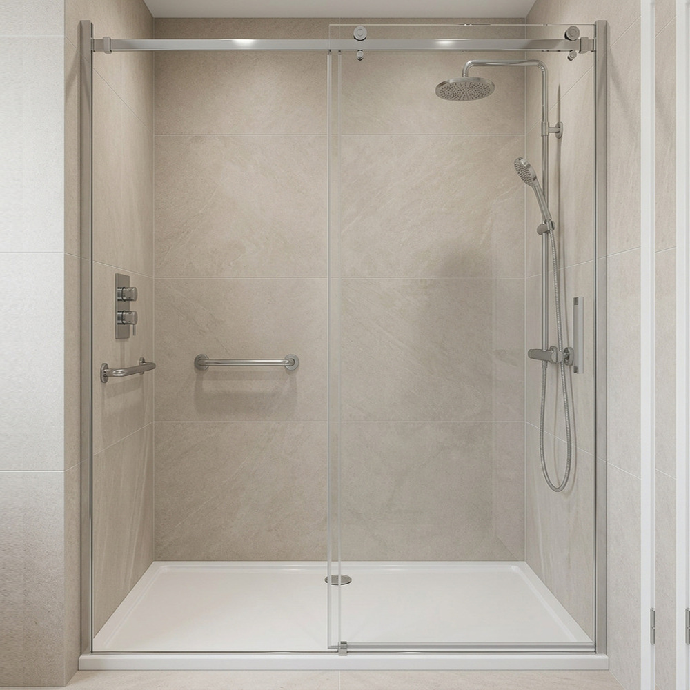 Nachher: Walk-in-Dusche mit großformatiger Keramik in Steinoptik und Echtglas