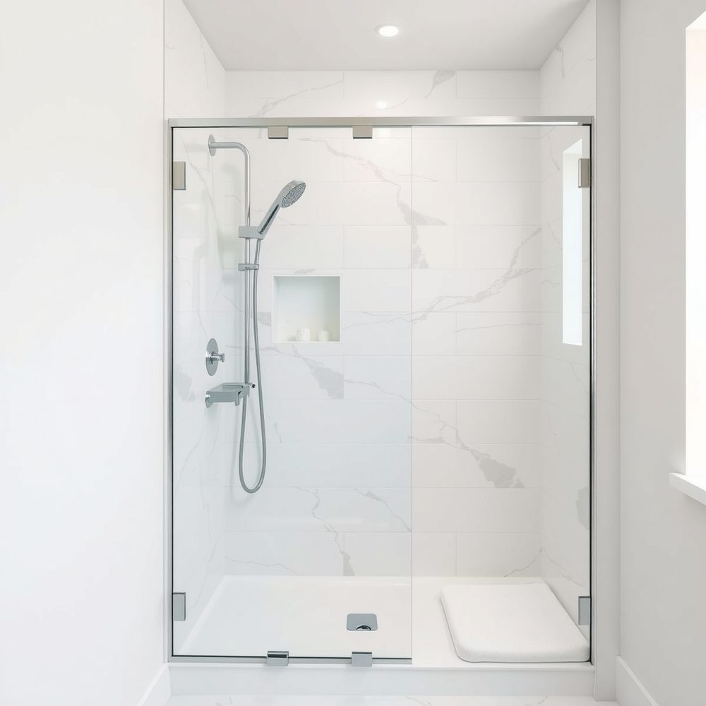 Nachher: helle Dusche mit Keramik in Marmoroptik und Echtglas