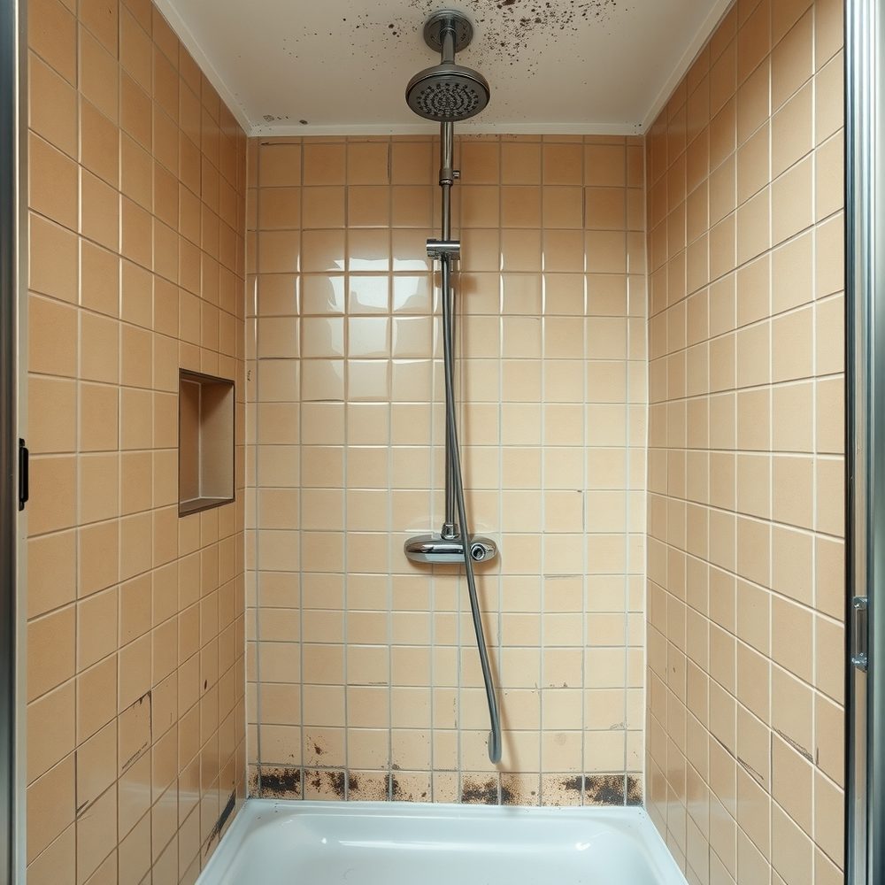 Alte Dusche mit verschimmelten Fugen, Kalk und vergilbter Kunststoffkabine