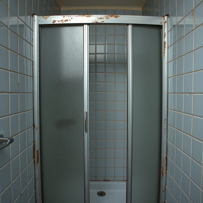 Alte Duschkabine mit Aluminiumrahmen