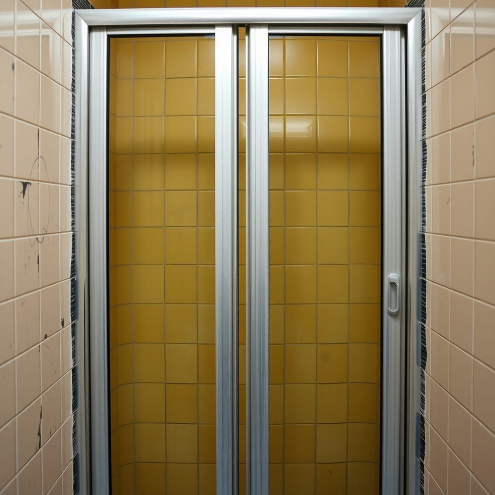 Vorher: Duschkabine mit vergilbten Schiebetüren und altem Aluminiumrahmen